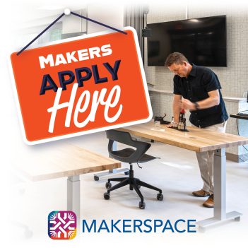 Makers apply here on image of a hanging sign. Background image is of man standing at a table using a button maker device with a monitor on the wall behind him. Logo for library's Makerspace.